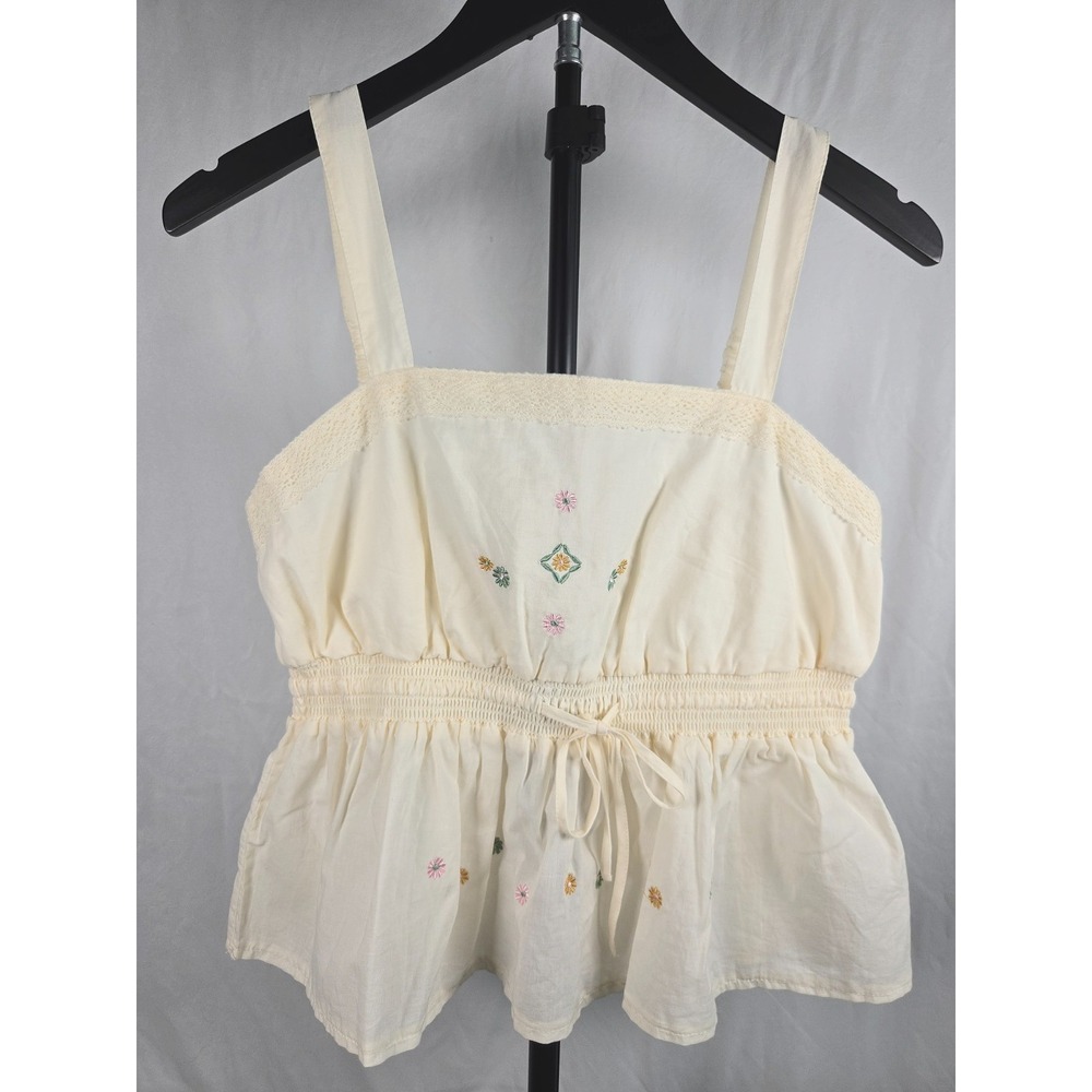 Y2K Boho Embroidered Floral Cami Top Small Cream Crochet Trim Smocked Waist